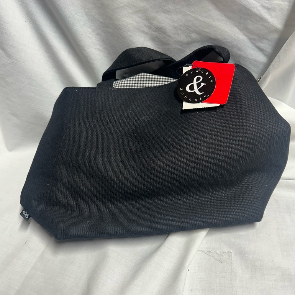Vintage NWT Frankie & Johnnie Black Canvas Tote Purse Gingham Interior Tie Close